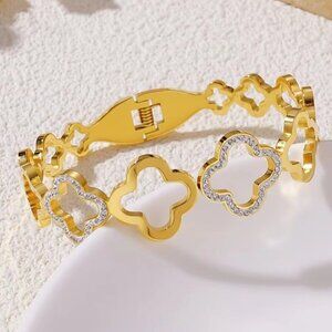 18K Gold Plated Stainless Steel Hollow Clover Quatrefoil Bangle, Pave Zircon